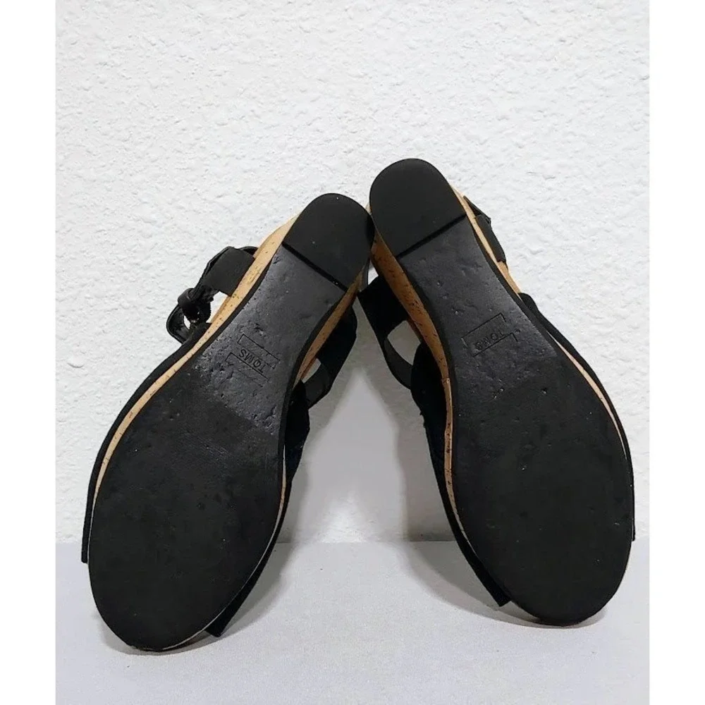Toms Black Canvas and Cork Wedge Sandals with Ankle Strap